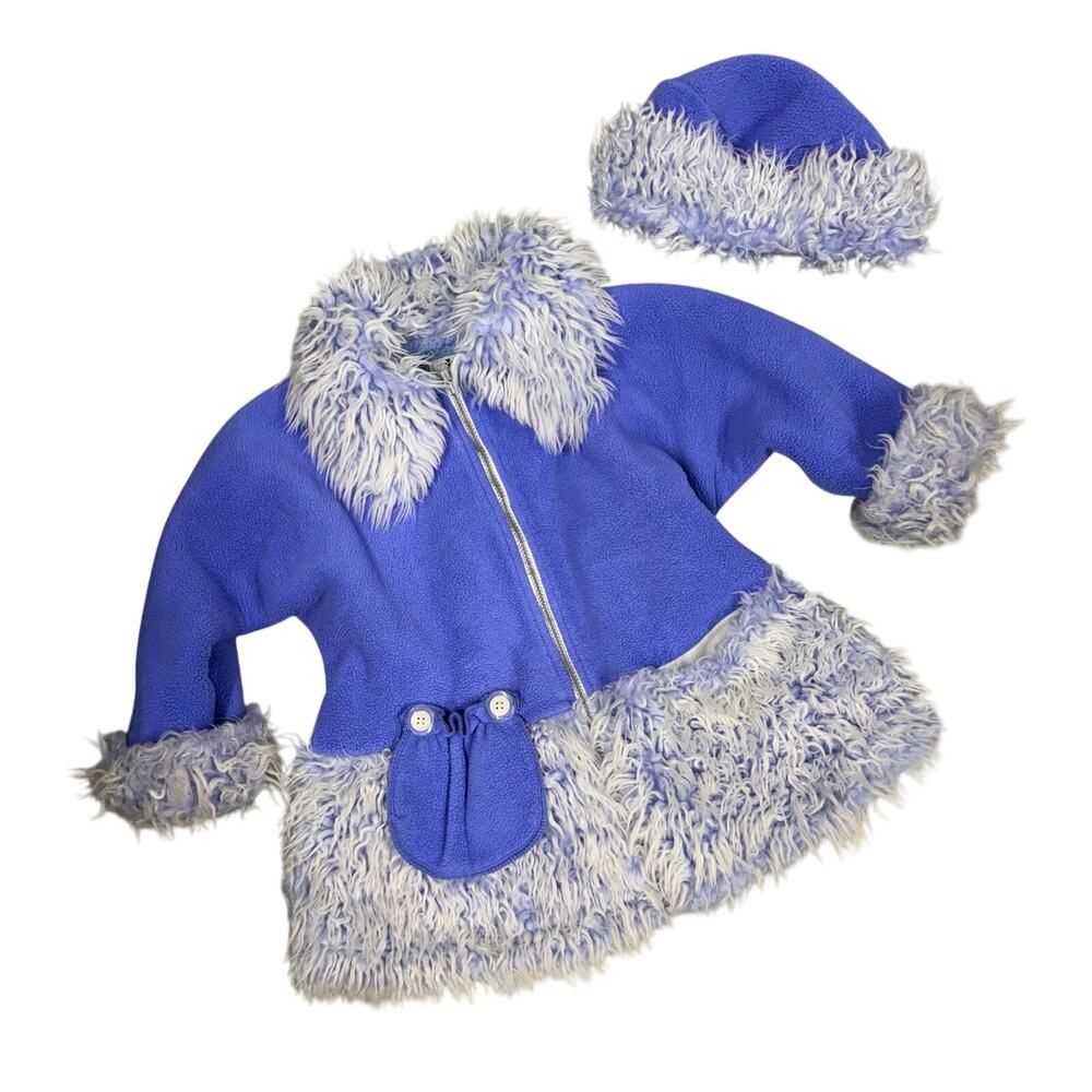 Corky & Company Jacket & Hat Set Vintage Blue Girls M/L Shaggy Faux Fur Trim